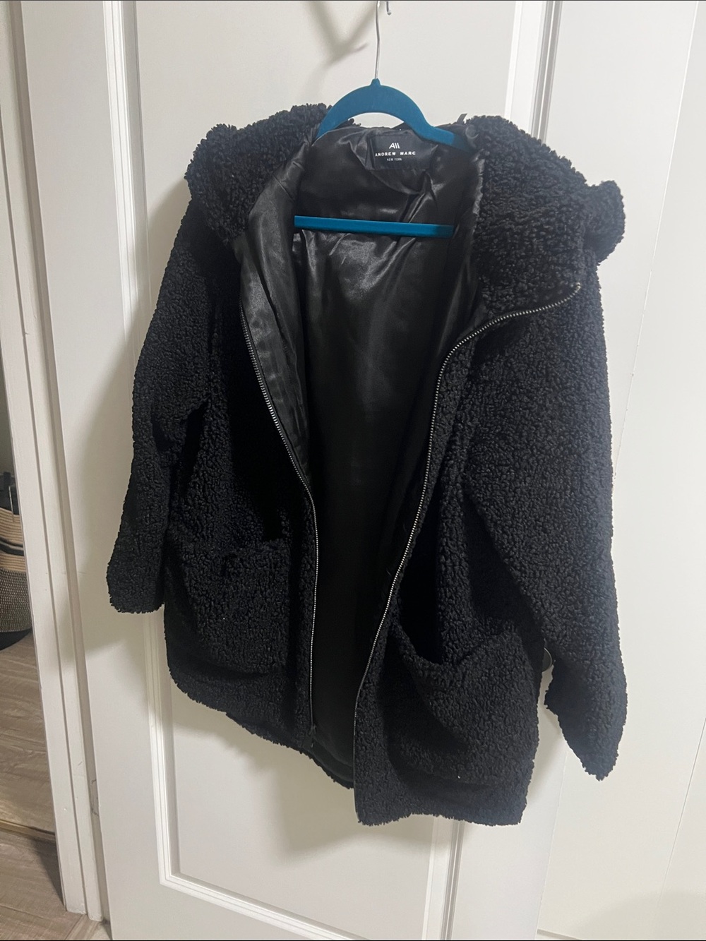Andrew Marc Black Teddy Hooded Zip Jacket